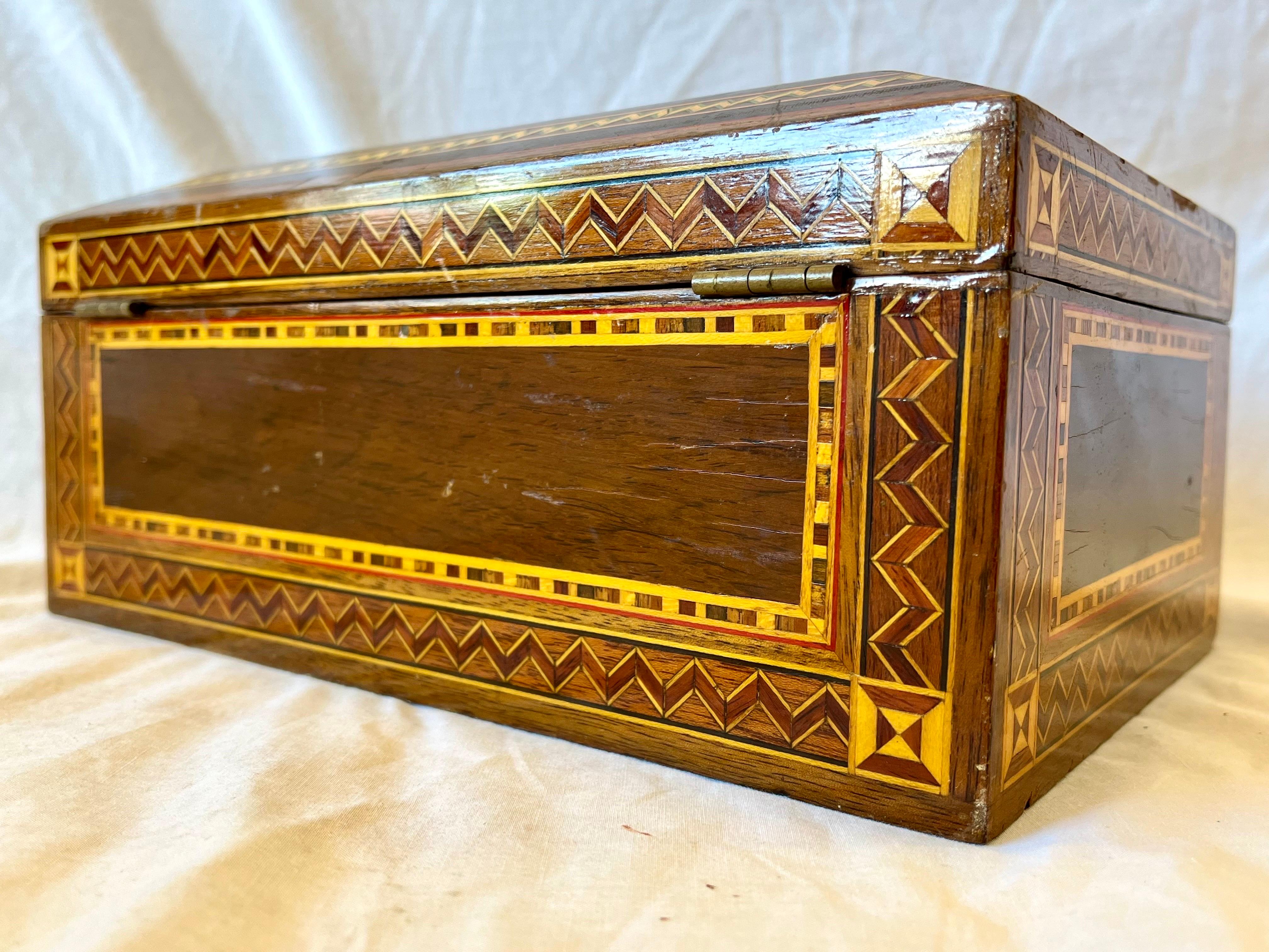 Vintage Marquetry Wood Inlaid Jewelry Casket Box with Mirror and Velvet Interior 2