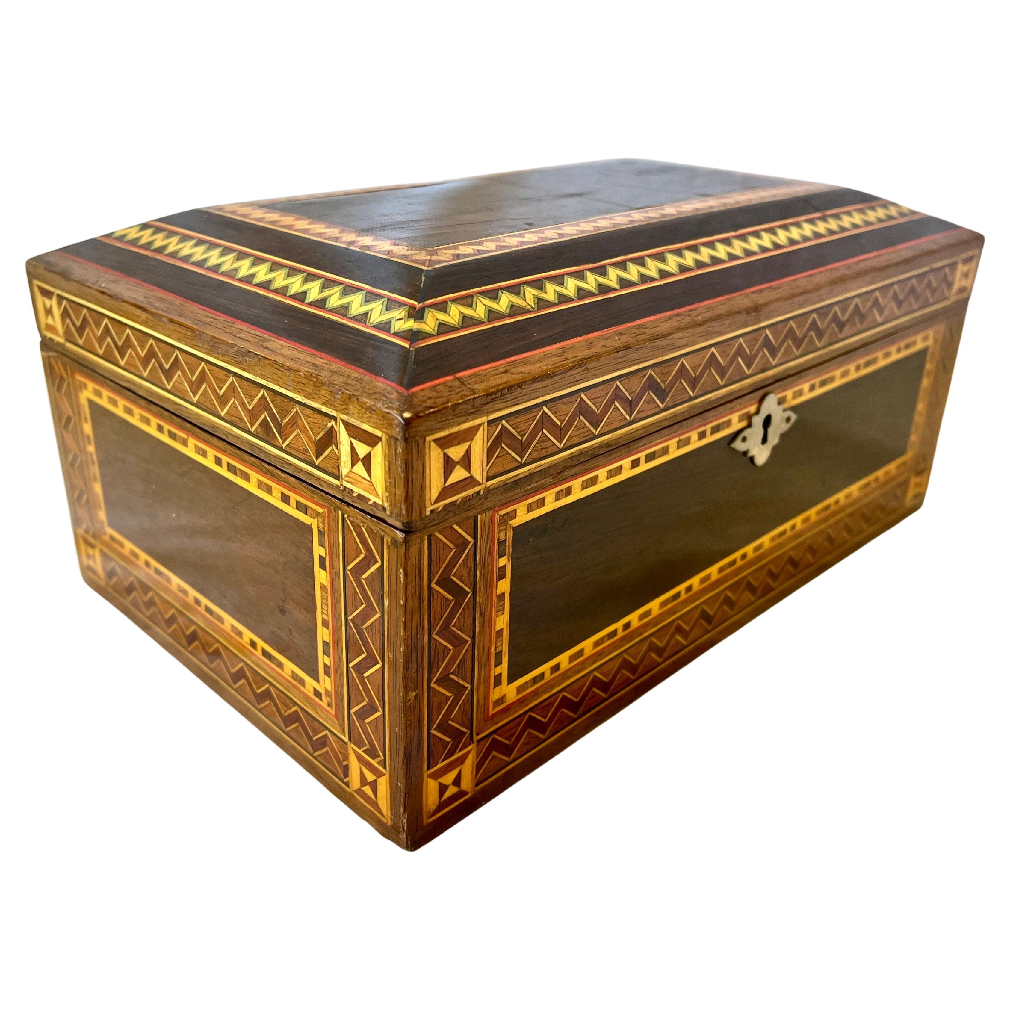 Vintage Marquetry Wood Inlaid Jewelry Casket Box with Mirror and Velvet Interior