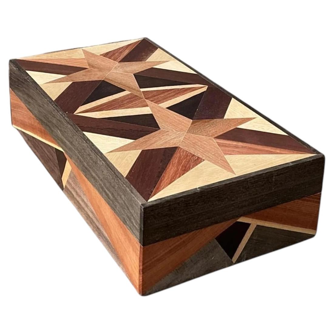 Vintage Marquetry Wooden Tan Star Box For Sale