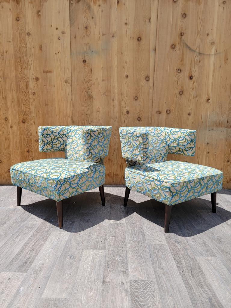 Vintage Marquis Seating Co Barrel Back Jasper Lounge Chairs in a Patterned Chenille - Pair 

Vintage Pair of Stylish and Chic Curved Horseshoe Back Comfortable Wide Seated Fun and Funky Patterned Velvet Chenille Jasper Lounge Chairs By Marquis.