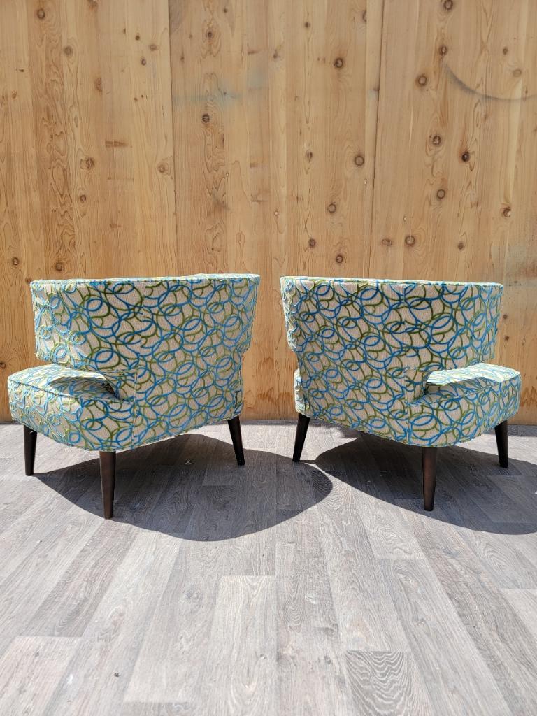 Vintage Marquis Seating Co Barrel Back Jasper Lounge Chairs in Chenille - Pair In Good Condition In Chicago, IL