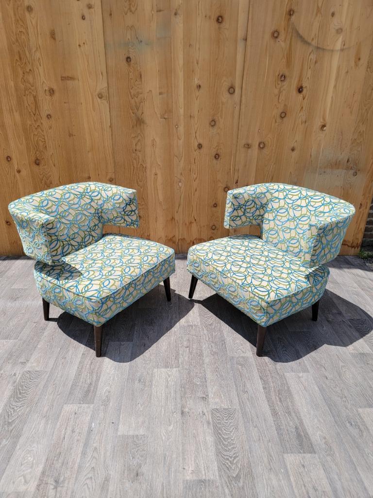 Late 20th Century Vintage Marquis Seating Co Barrel Back Jasper Lounge Chairs in Chenille - Pair