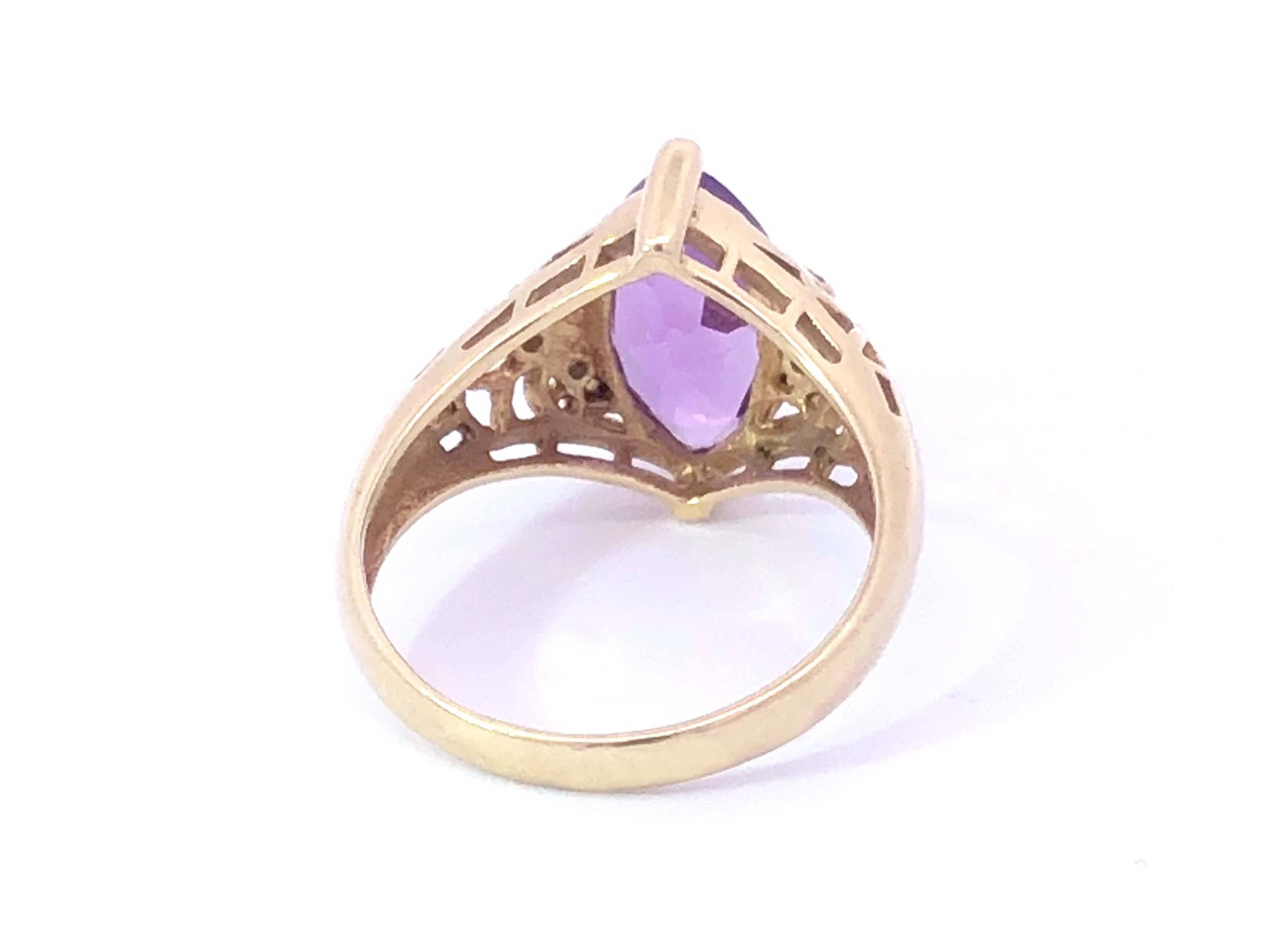 Marquise Cut Vintage Marquise Amethyst & Diamond Ring in 14K Yellow Gold For Sale