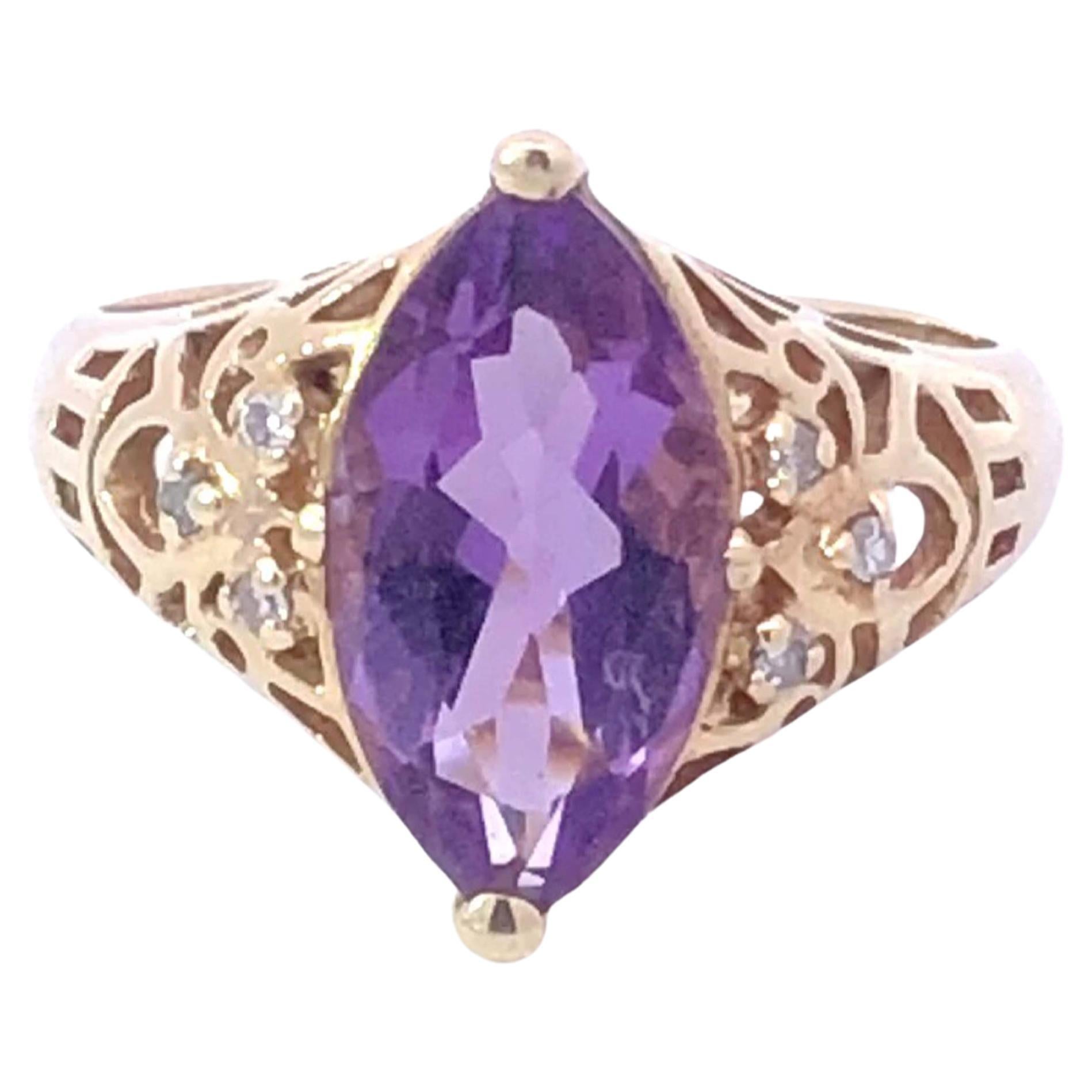 Vintage Marquise Amethyst & Diamond Ring in 14K Yellow Gold For Sale