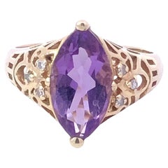 Vintage Marquise Amethyst & Diamond Ring in 14K Yellow Gold