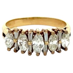 Vintage Marquise and Baguette Diamond Gold Band Ring Estate Fine Jewelry