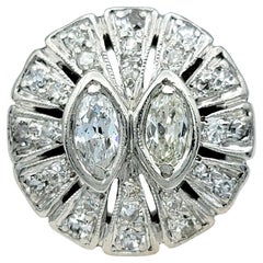 Vintage Marquise and Round Diamond Ring with Milgrain Set in 14 Karat White Gold