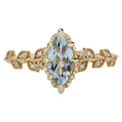 Vintage Marquise Aquamarine Leaf Ring in 18K Gold by NOOI Jewelry