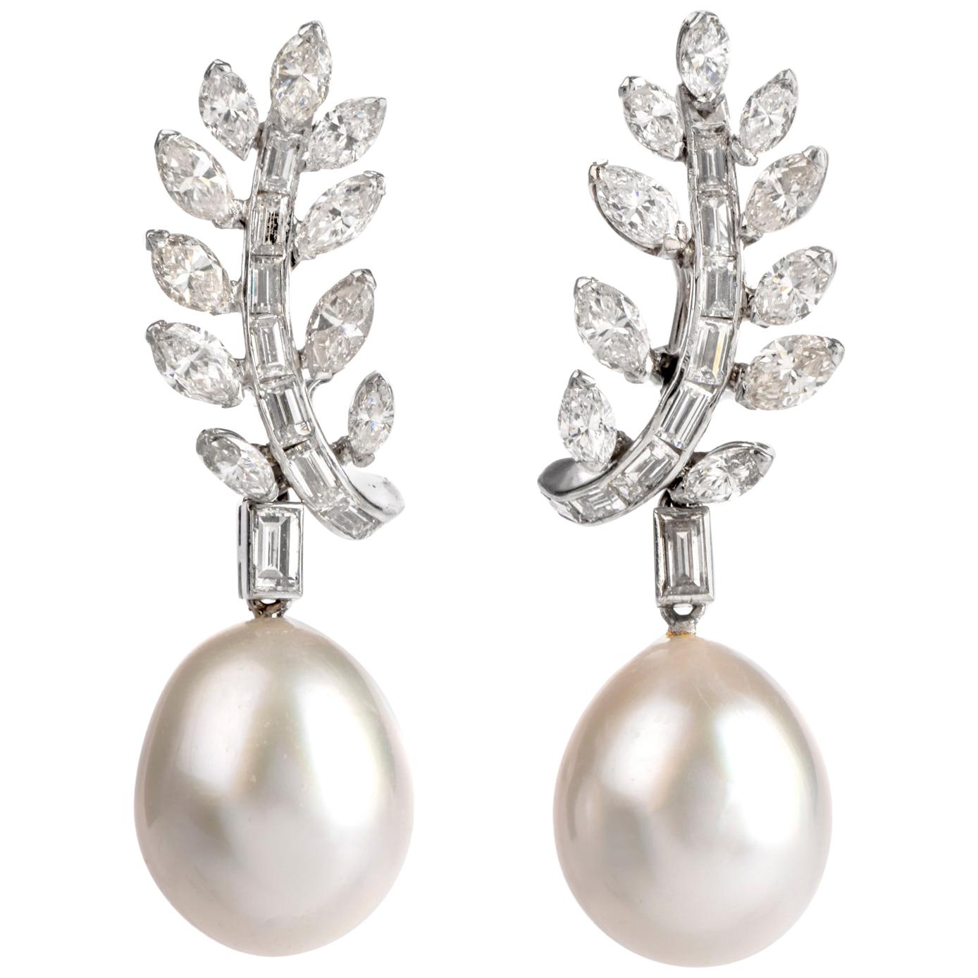 Vintage Marquise Baguette Diamond Pearl Platinum Clip Drop Earrings