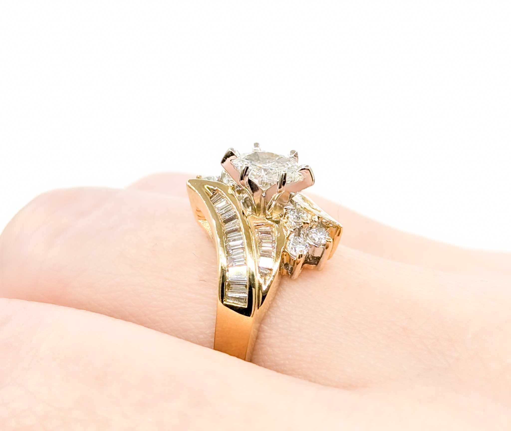 Marquise Cut Vintage Marquise & Baguette Diamond Engagment Ring in Yellow Gold For Sale