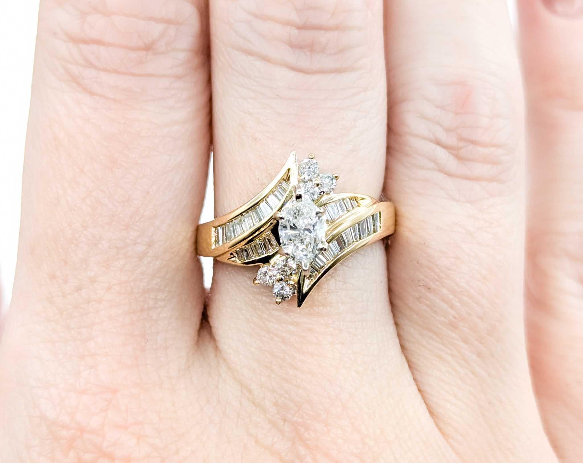 Women's Vintage Marquise & Baguette Diamond Engagment Ring in Yellow Gold For Sale