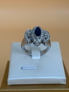 Vintage Marquise Blue Sapphire and Diamond Double Halo Ring in 18K White Gold
