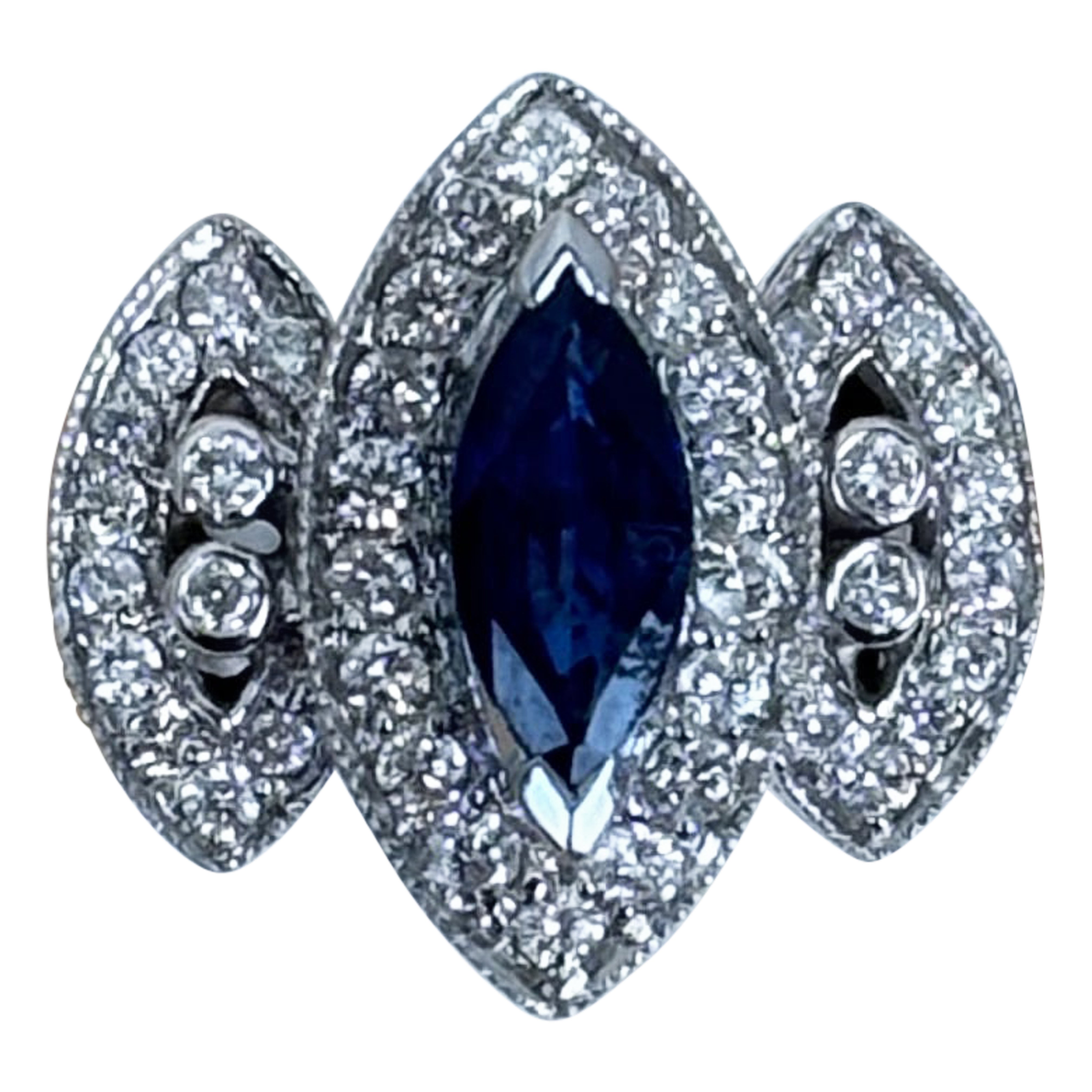 Vintage Marquise Blue Sapphire and Diamond Double Halo Ring in 18K White Gold For Sale