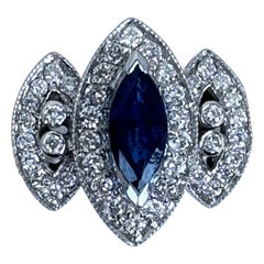 Vintage Marquise Blue Sapphire and Diamond Double Halo Ring in 18K White Gold