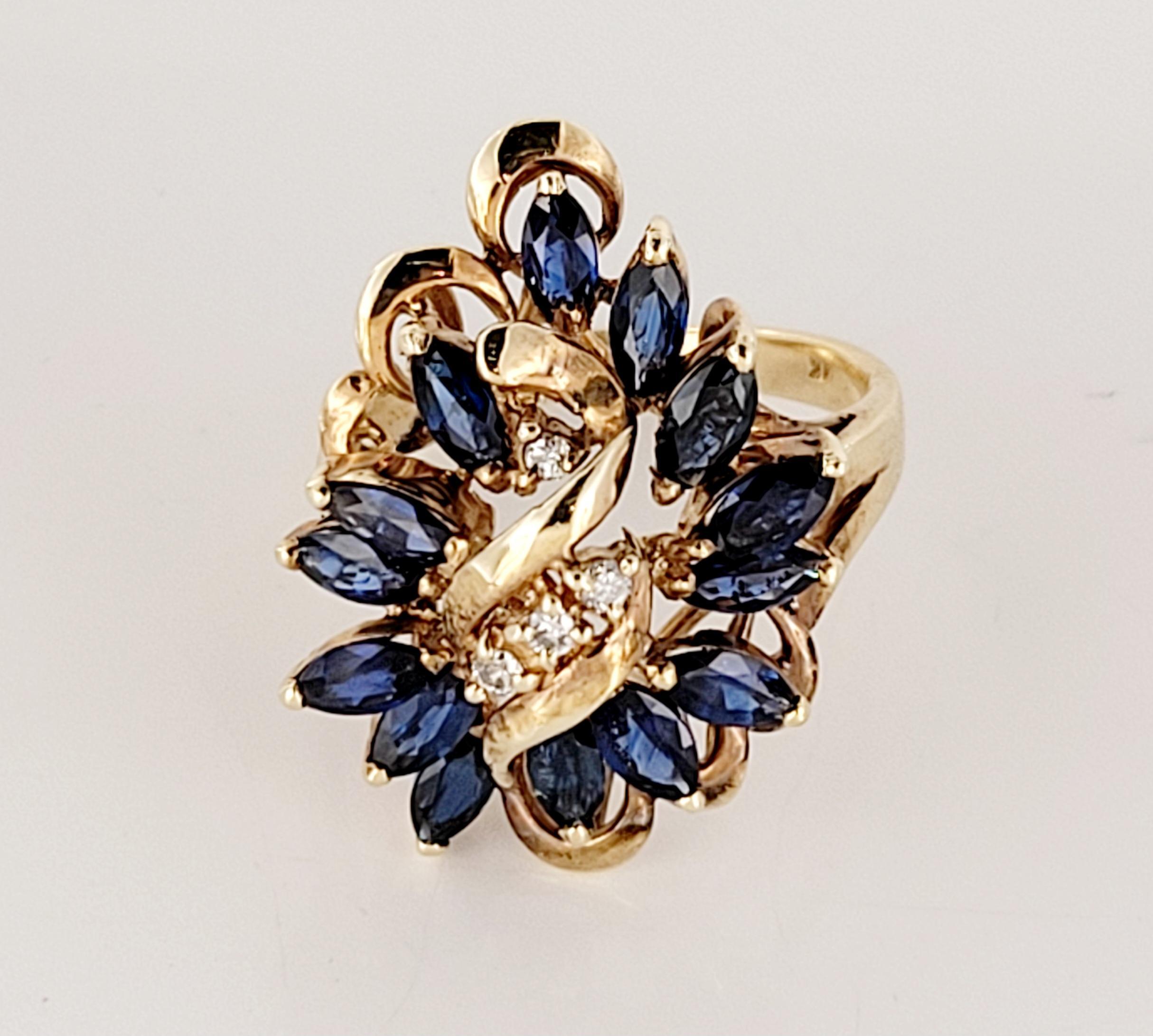 Vintage Marquise Blue Sapphire and Diamond Outstanding Set in 14K Yellow Gold For Sale 1