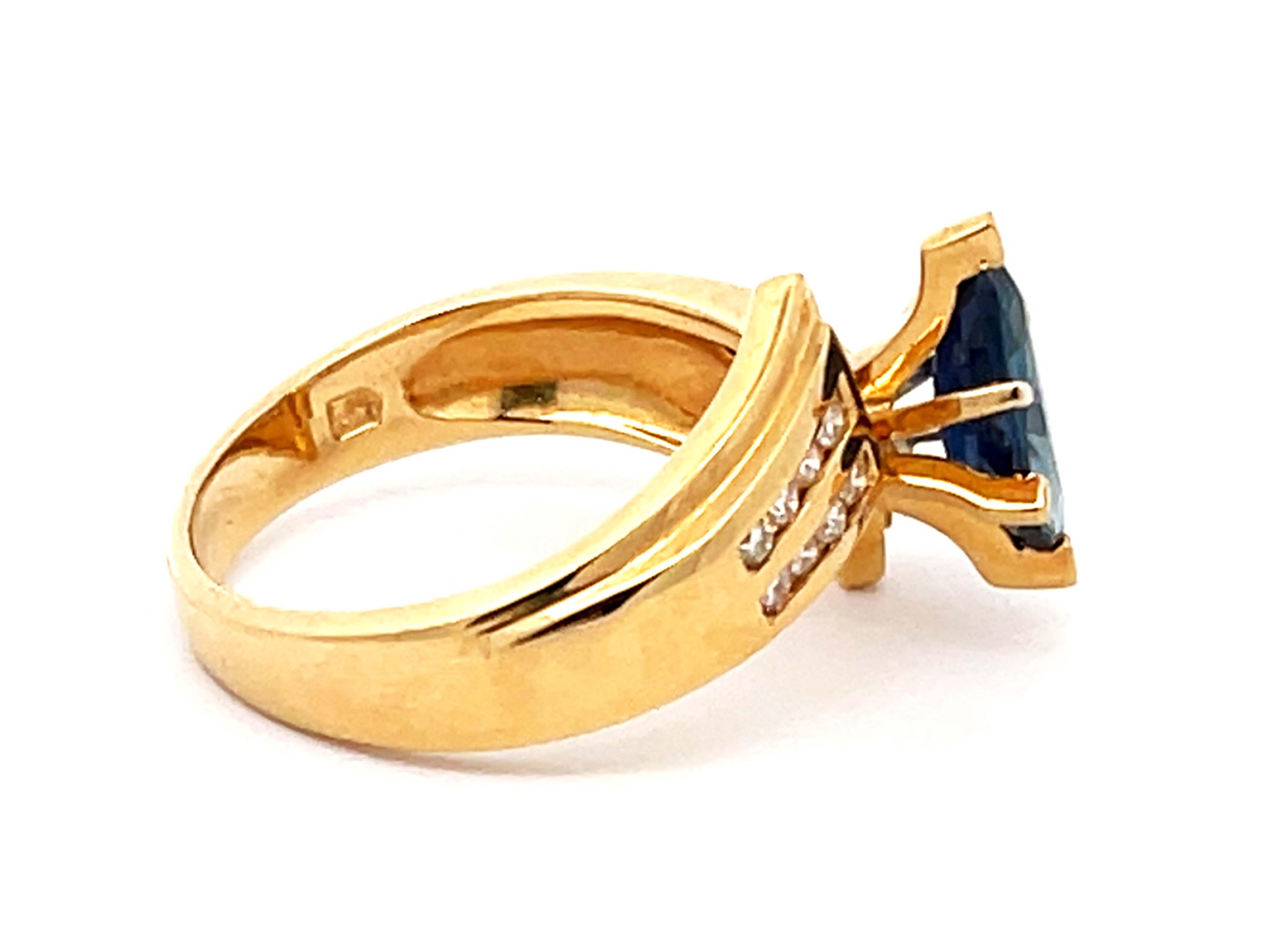 Marquise Cut Vintage Marquise Blue Sapphire and Diamond Ring in 14k Yellow Gold For Sale