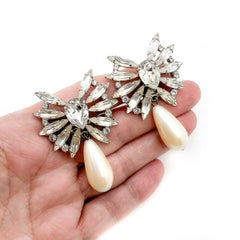 Vintage Marquise Crystal Pearl Drop Earrings 1960s