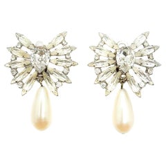Vintage Marquise Crystal Pearl Drop Earrings 1960s