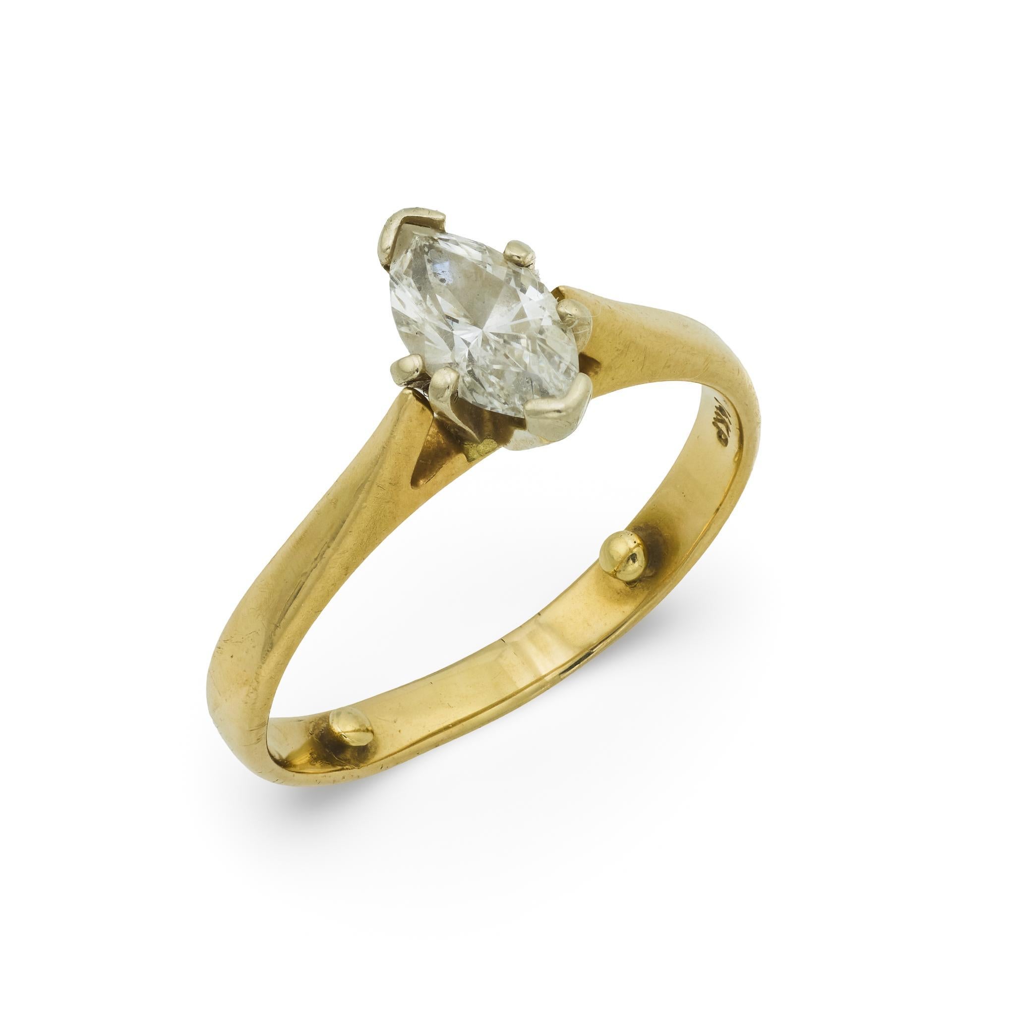 Bague de fiançailles vintage en or jaune 14k avec diamant taille marquise