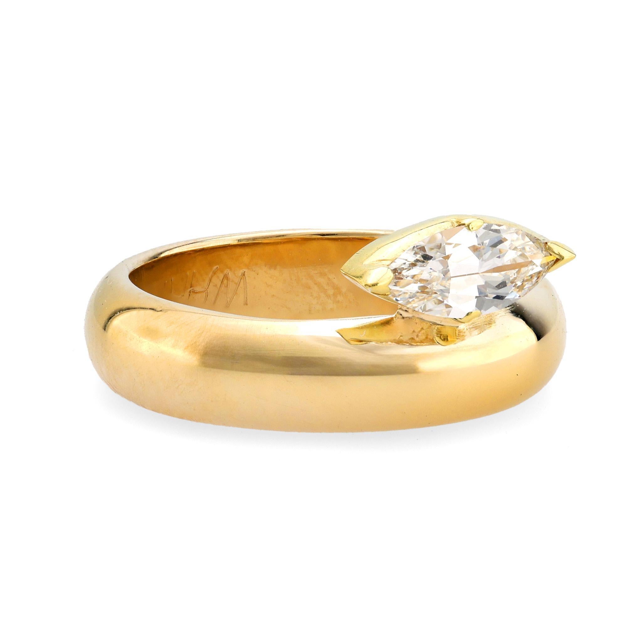 Modern Vintage marquise cut diamond 14k yellow gold engagement solitaire band