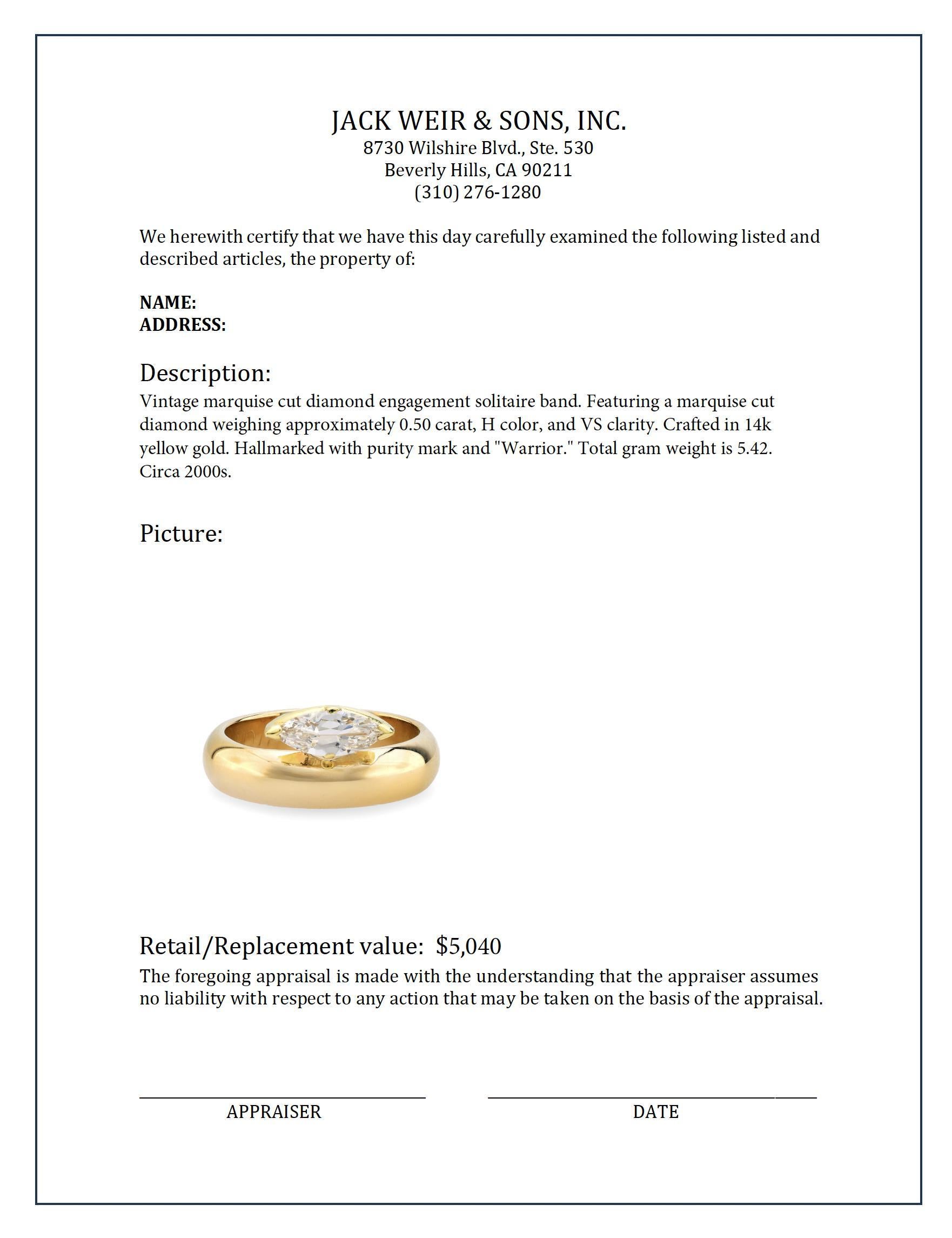 Vintage marquise cut diamond 14k yellow gold engagement solitaire band In Excellent Condition In Beverly Hills, CA