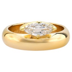 Diamante taglio marquise d'epoca in oro giallo 14k, fascia di fidanzamento con solitario