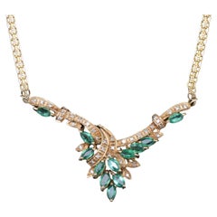 Vintage Marquise Cut Emerald Diamonds Necklace, 18K Gold