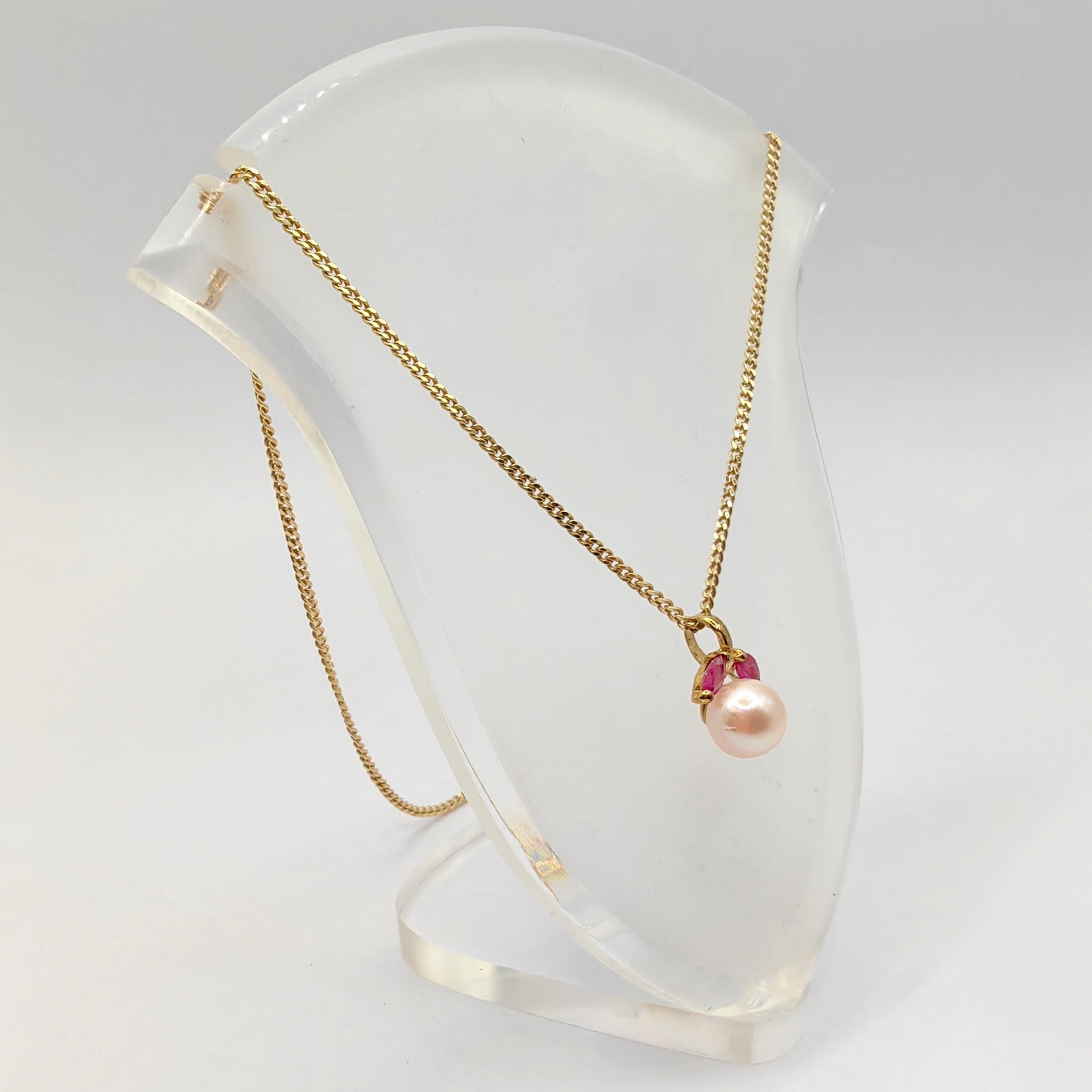 Contemporary Vintage Marquise Cut Rubies & Pearl Necklace Pendant in 14K Yellow Gold For Sale