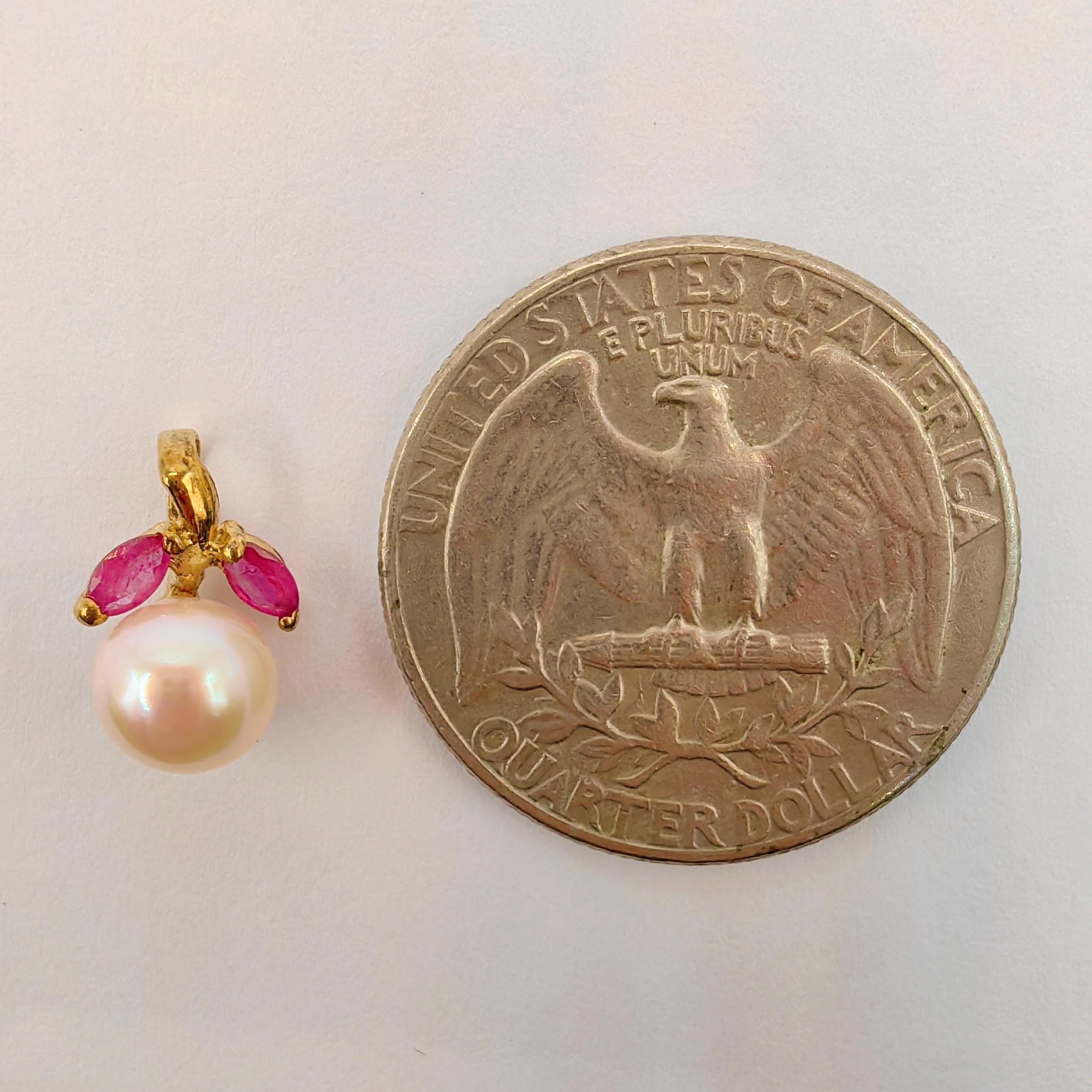 Vintage Marquise Cut Rubies & Pearl Necklace Pendant in 14K Yellow Gold For Sale 1