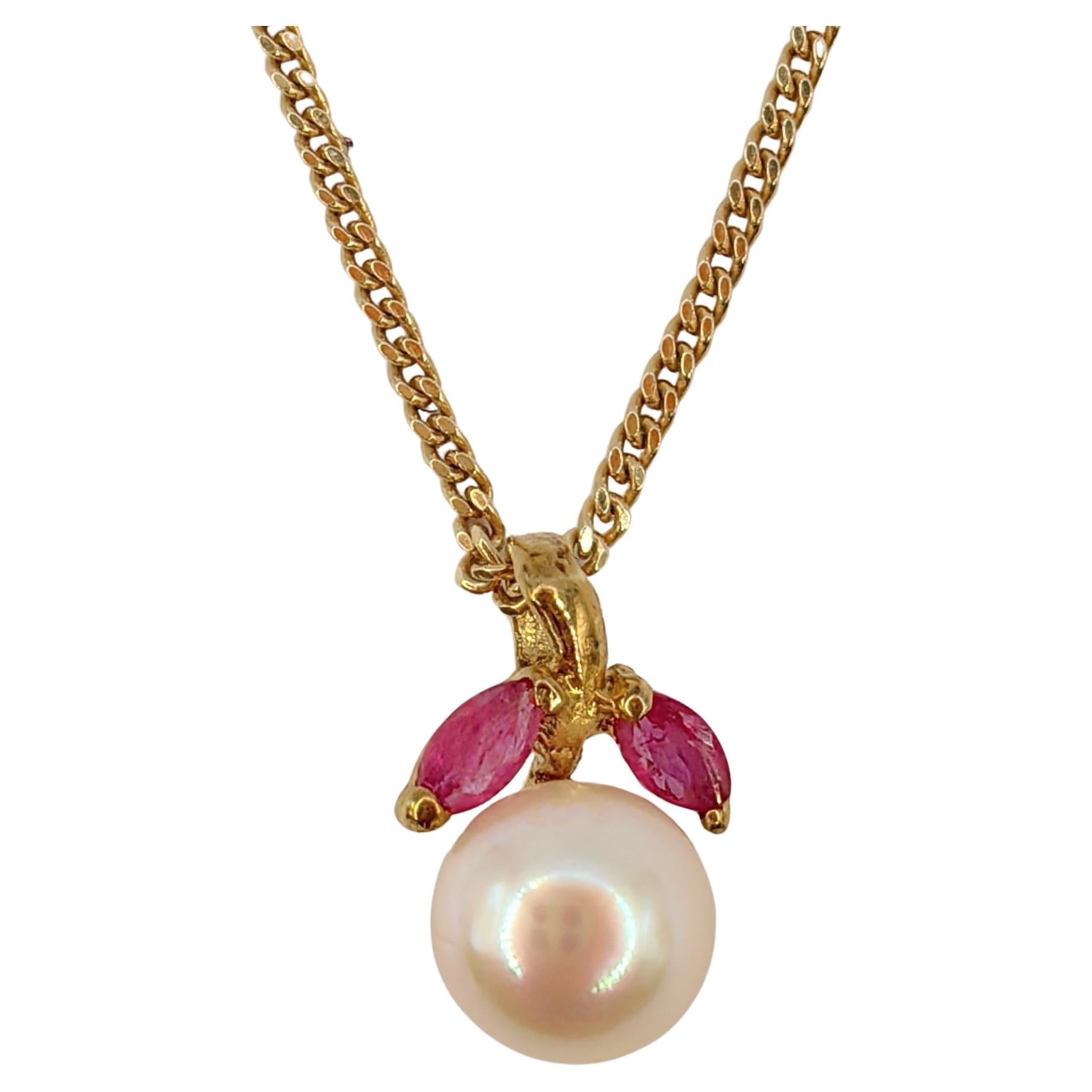 Vintage Marquise Cut Rubies & Pearl Necklace Pendant in 14K Yellow Gold For Sale