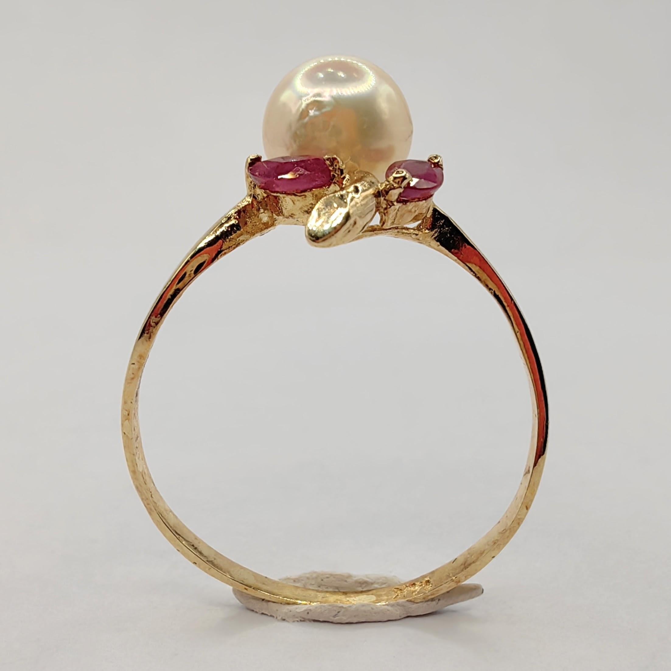 Contemporary Vintage Marquise Cut Rubies & Pearl Ring in 14K Yellow Gold For Sale