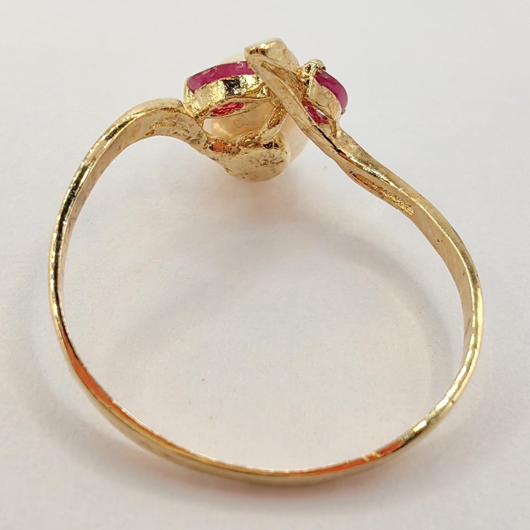Vintage Marquise Cut Rubies & Pearl Ring in 14K Yellow Gold In New Condition For Sale In Wan Chai District, HK