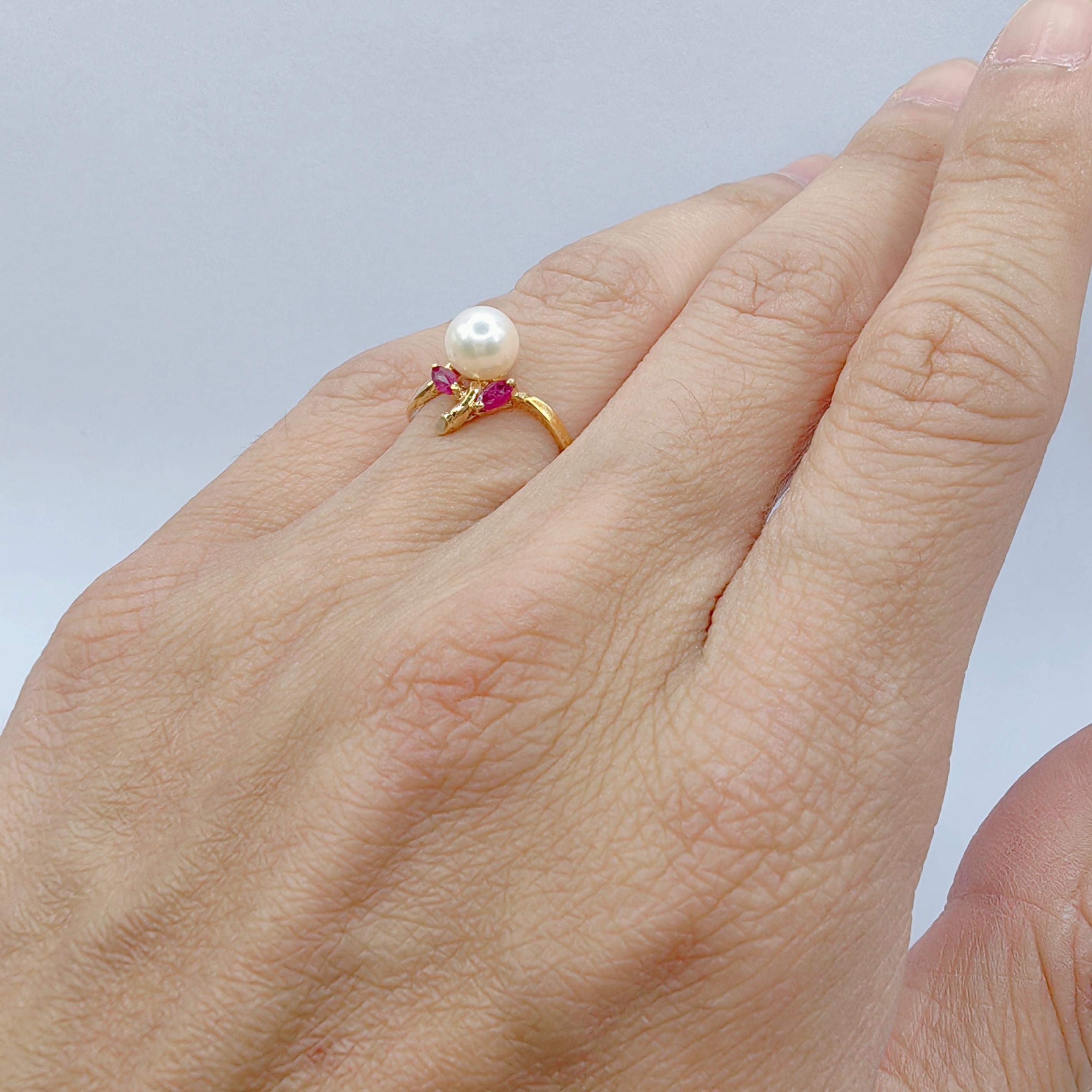 Vintage Marquise Cut Rubies & Pearl Ring in 14K Yellow Gold For Sale 1