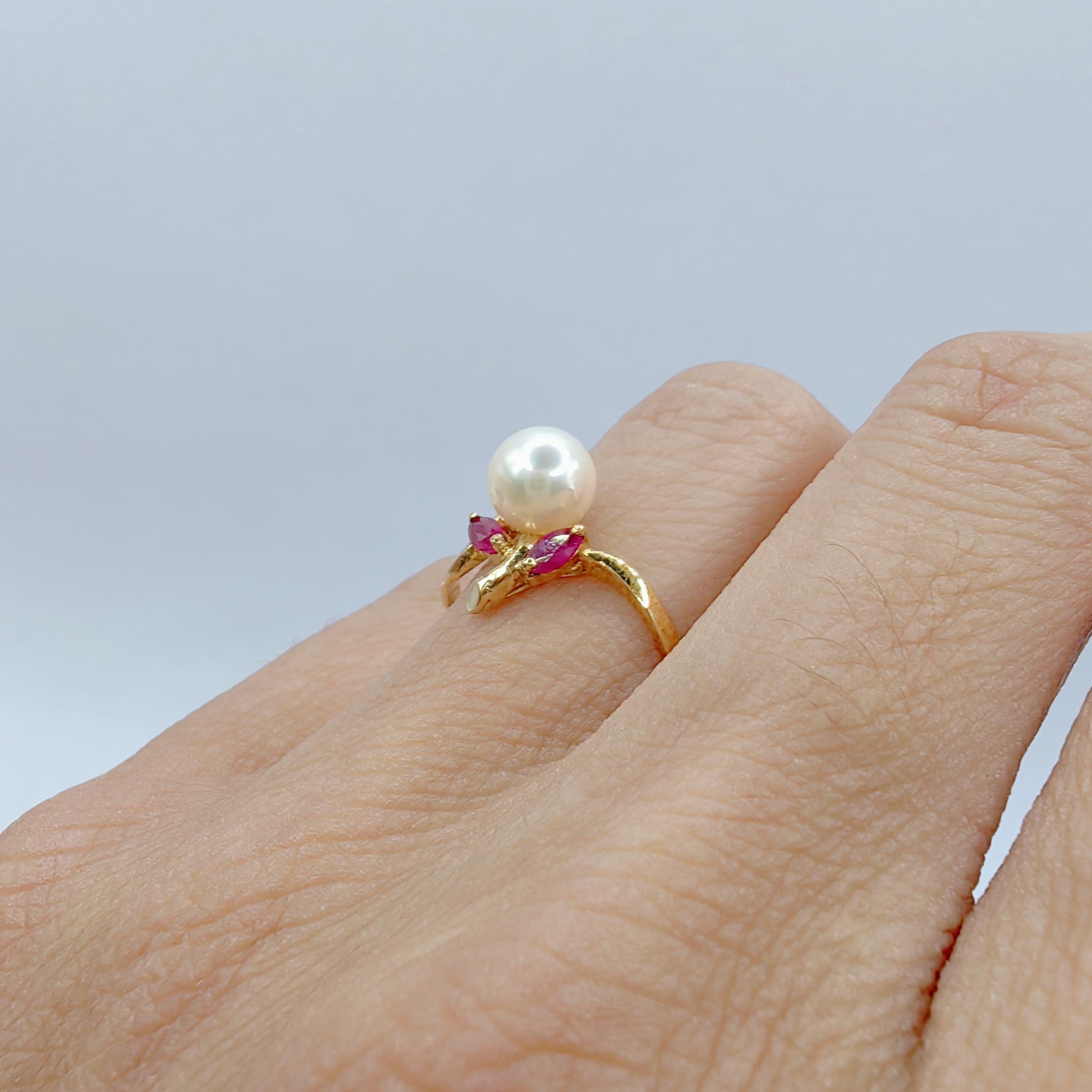 Vintage Marquise Cut Rubies & Pearl Ring in 14K Yellow Gold For Sale 2