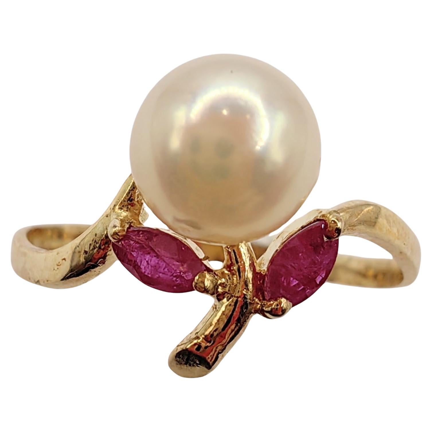Vintage Marquise Cut Rubies & Pearl Ring in 14K Yellow Gold For Sale