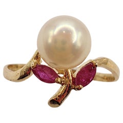 Retro Marquise Cut Rubies & Pearl Ring in 14K Yellow Gold