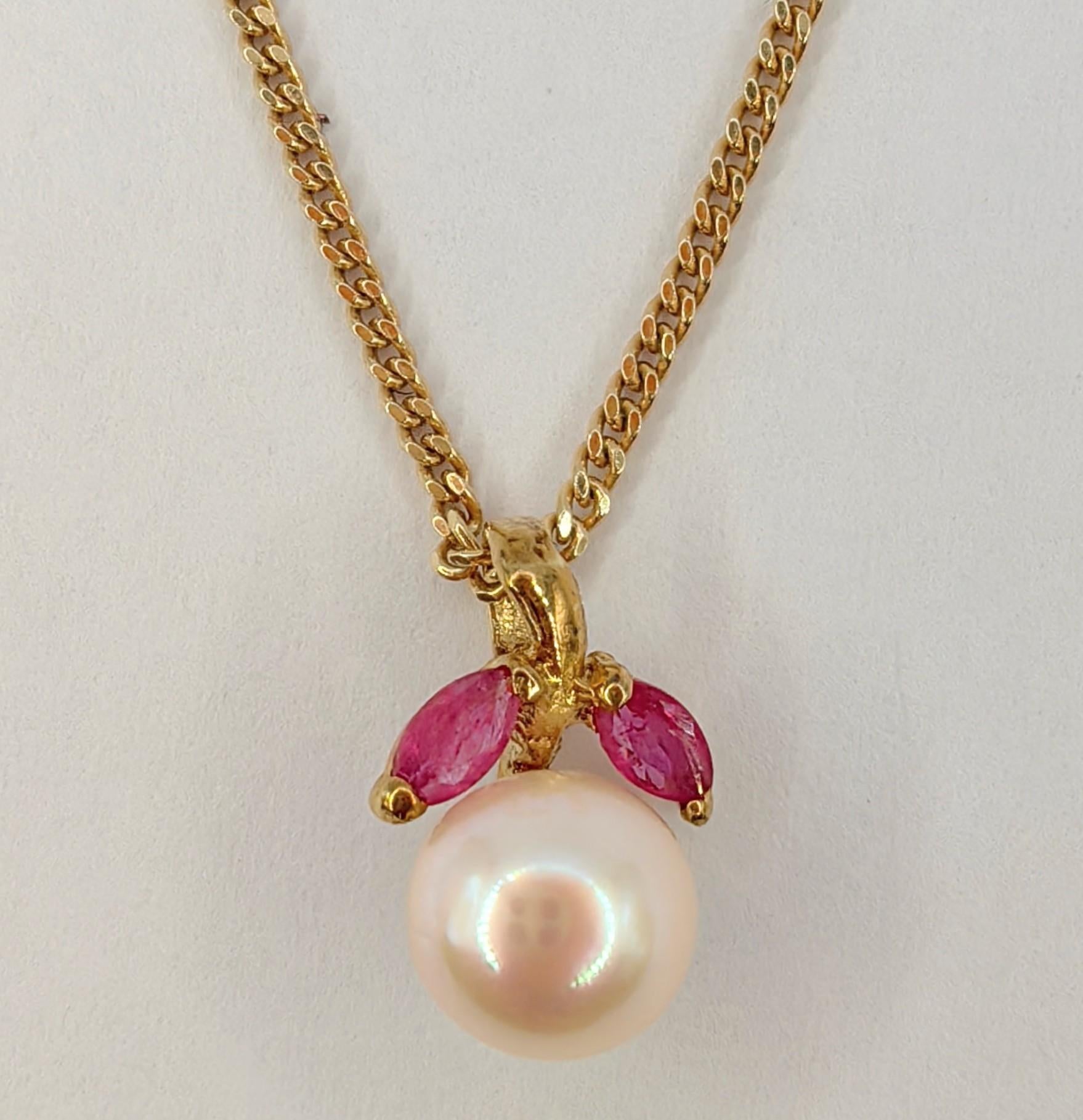 Vintage Marquise Cut Rubies & Pearl Ring Pendant Earrings Set in 14K Yellow Gold For Sale 6