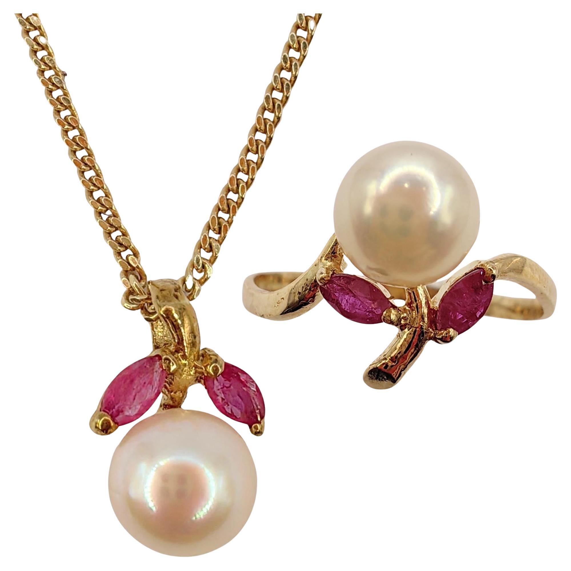 Vintage Marquise Cut Rubies & Pearl Ring Pendant Earrings Set in 14K Yellow Gold