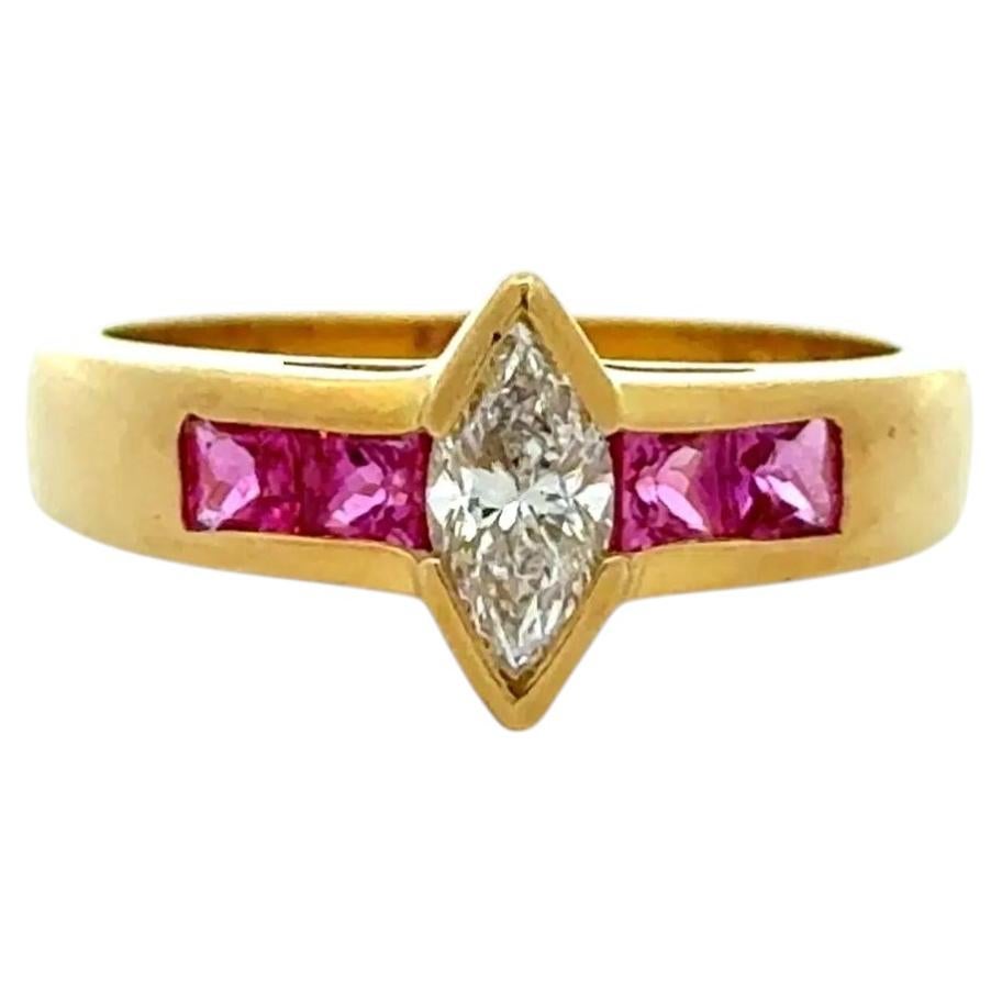 Vintage Marquise Diamond and Ruby Solitaire Gold Band Ring Estate Fine Jewelry