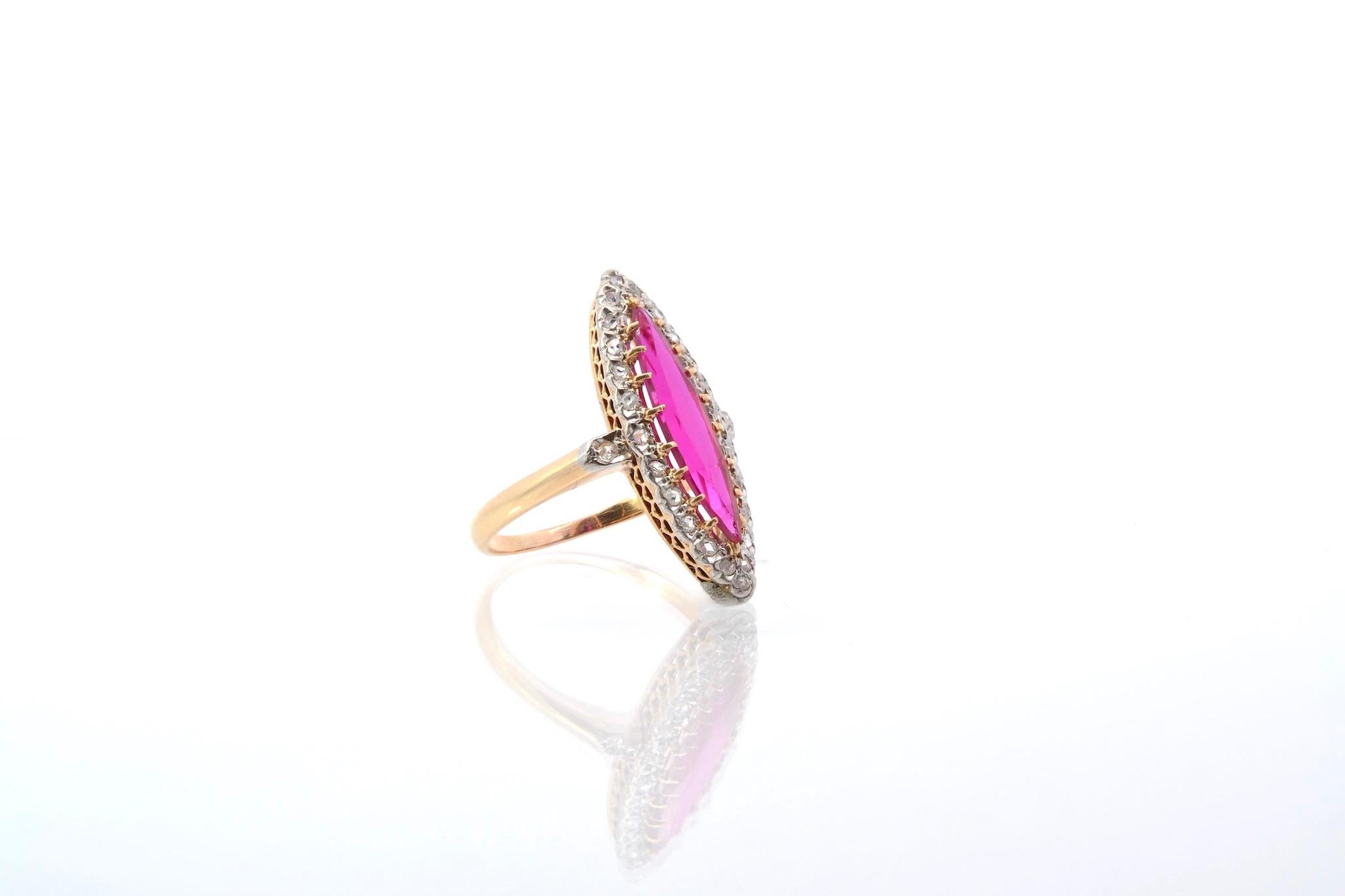 Marquise Cut Vintage marquise diamond and synthetic ruby ring For Sale