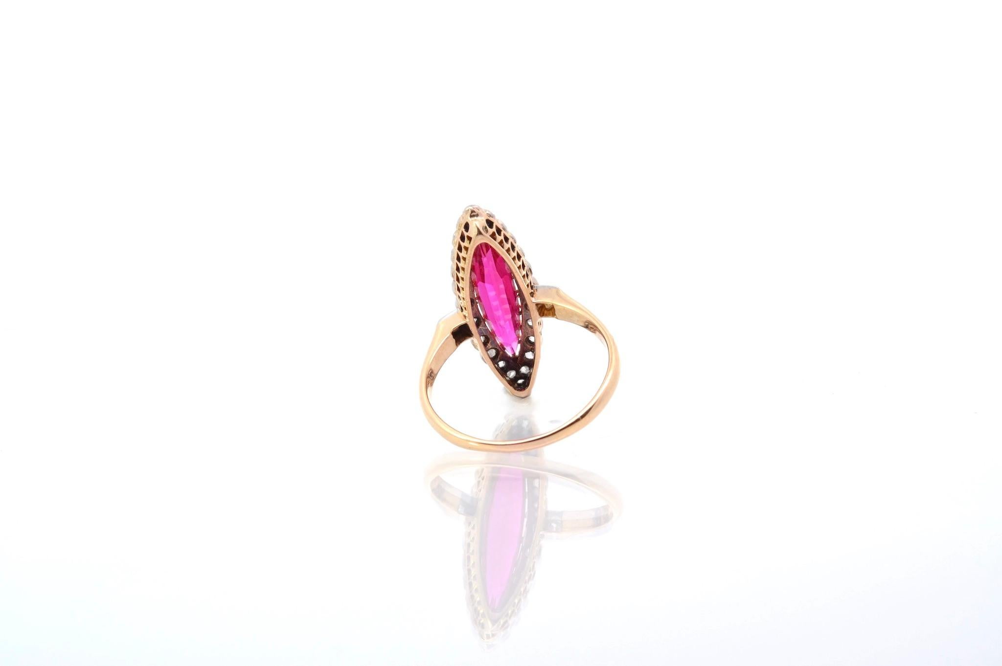 Women's or Men's Vintage marquise diamond and synthetic ruby ring For Sale