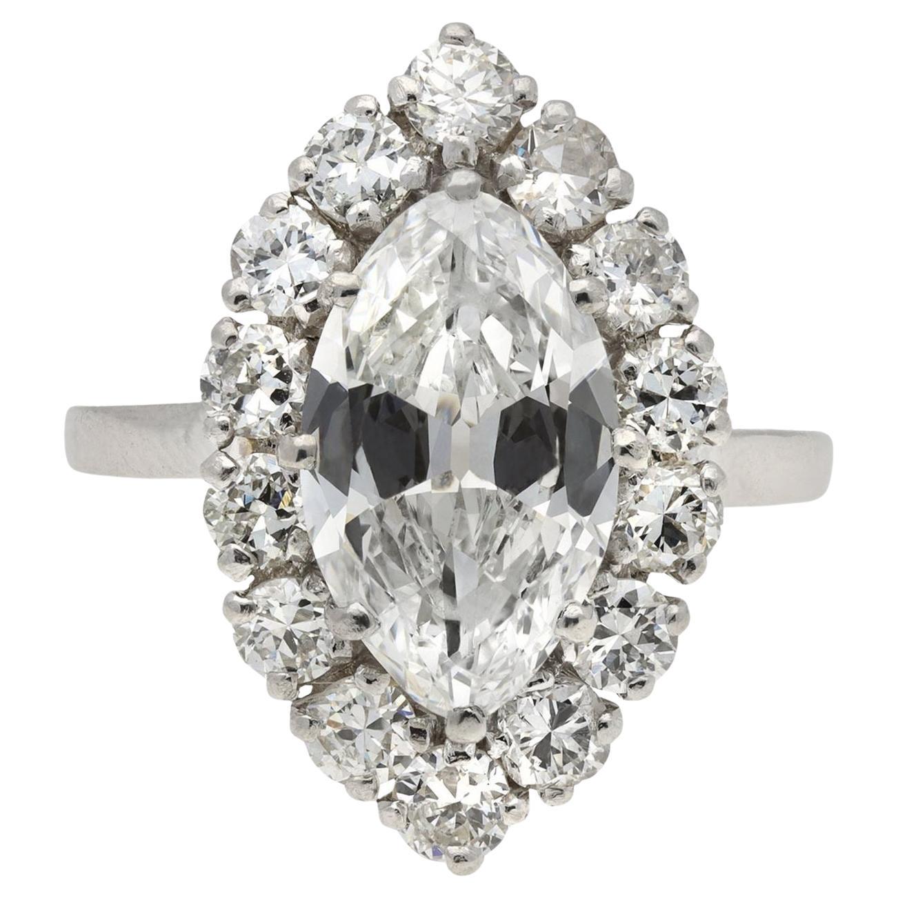Vintage marquise diamond cluster ring, French, circa 1950.