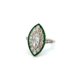Vintage Marquise Diamond, Emerald and OEC Diamond Platinum Navette Ring