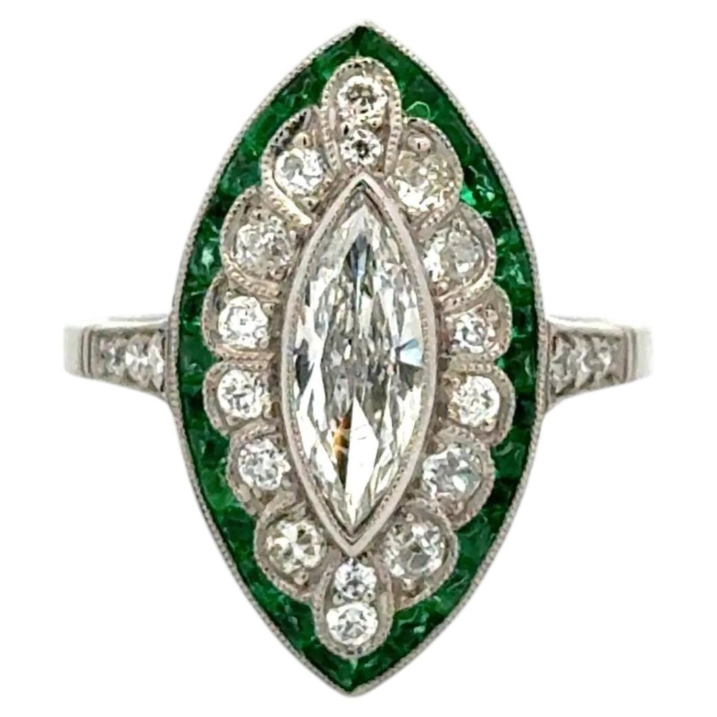 Vintage Marquise Diamond, Emerald and OEC Diamond Platinum Navette Ring
