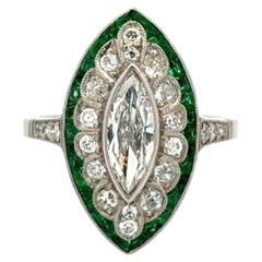 Vintage Marquise Diamond, Emerald and OEC Diamond Platinum Navette Ring