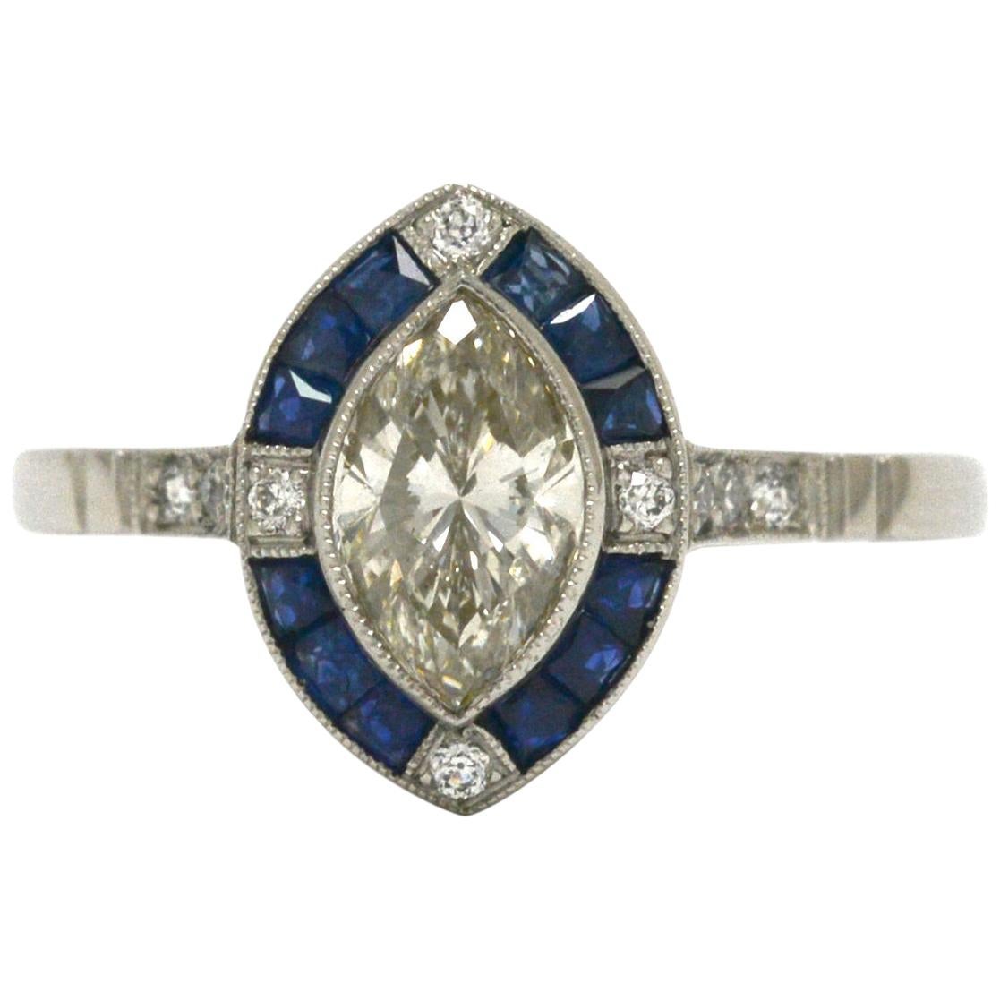 Vintage Marquise Diamond Engagement Ring 1 Carat Art Deco Inspired Sapphire Halo