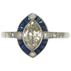 Vintage Marquise Diamond Engagement Ring 1 Carat Art Deco Inspired Sapphire Halo
