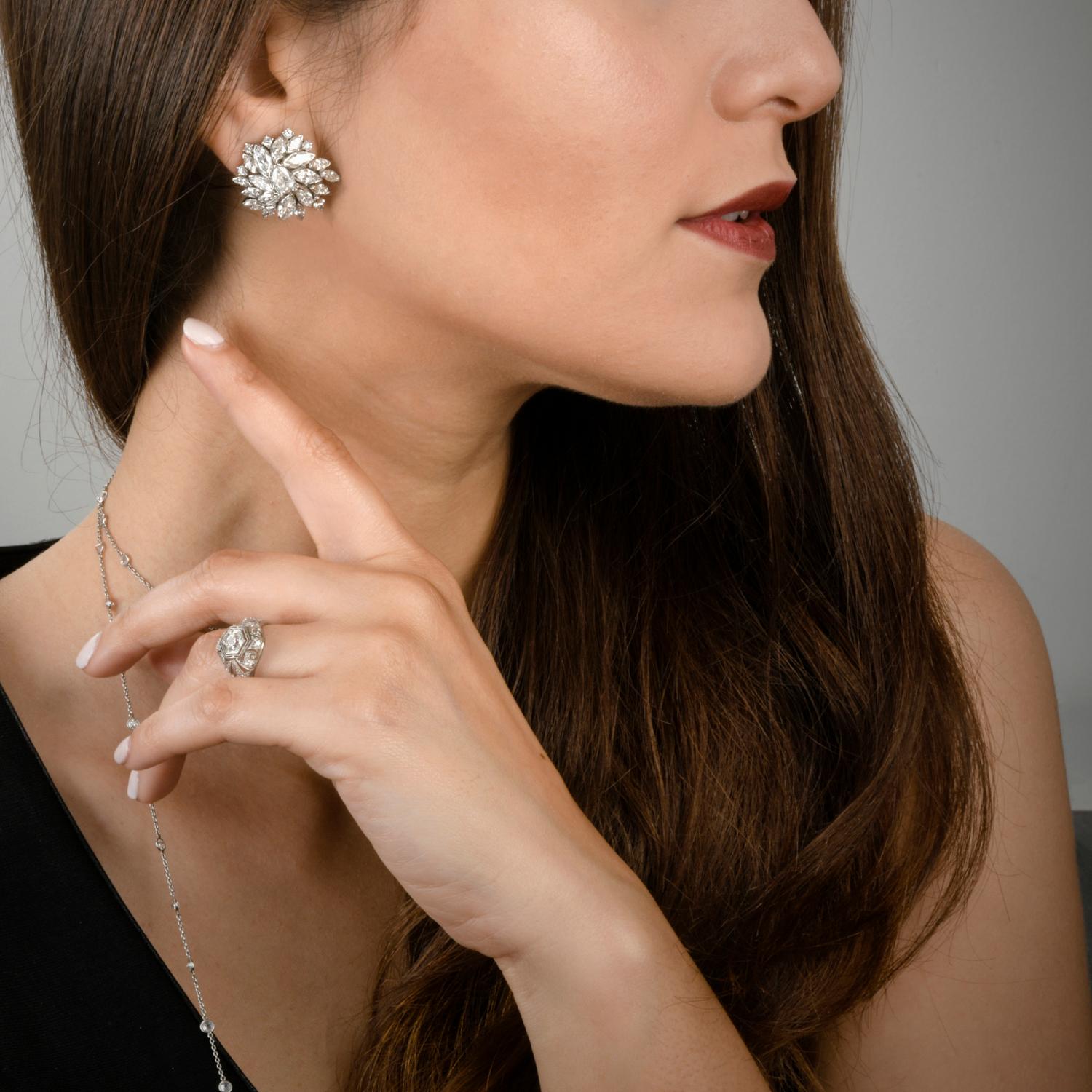 Retro Vintage Marquise Diamond Floral Motif Platinum Clip-On Earrings