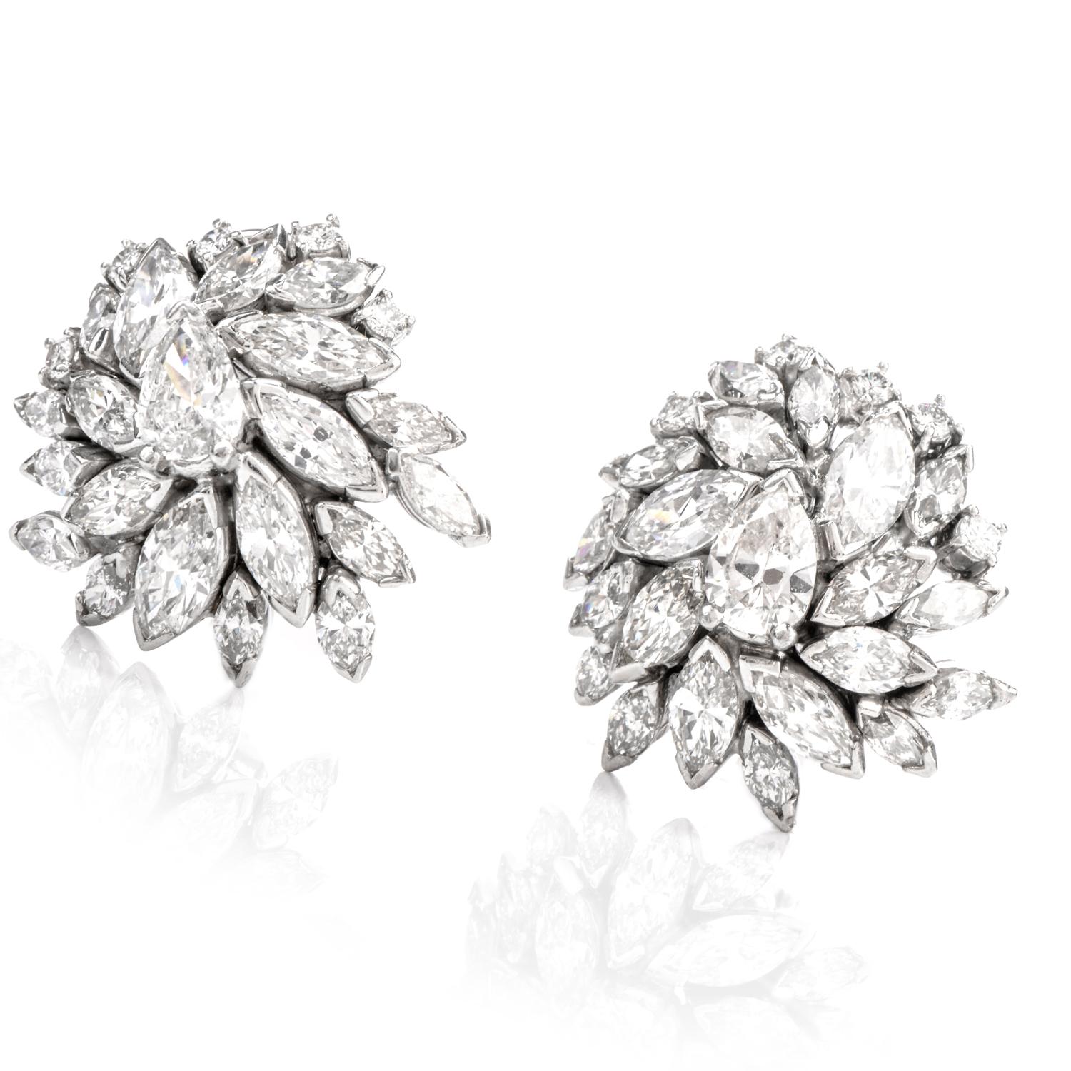 Vintage Marquise Diamond Floral Motif Platinum Clip-On Earrings In Excellent Condition In Miami, FL