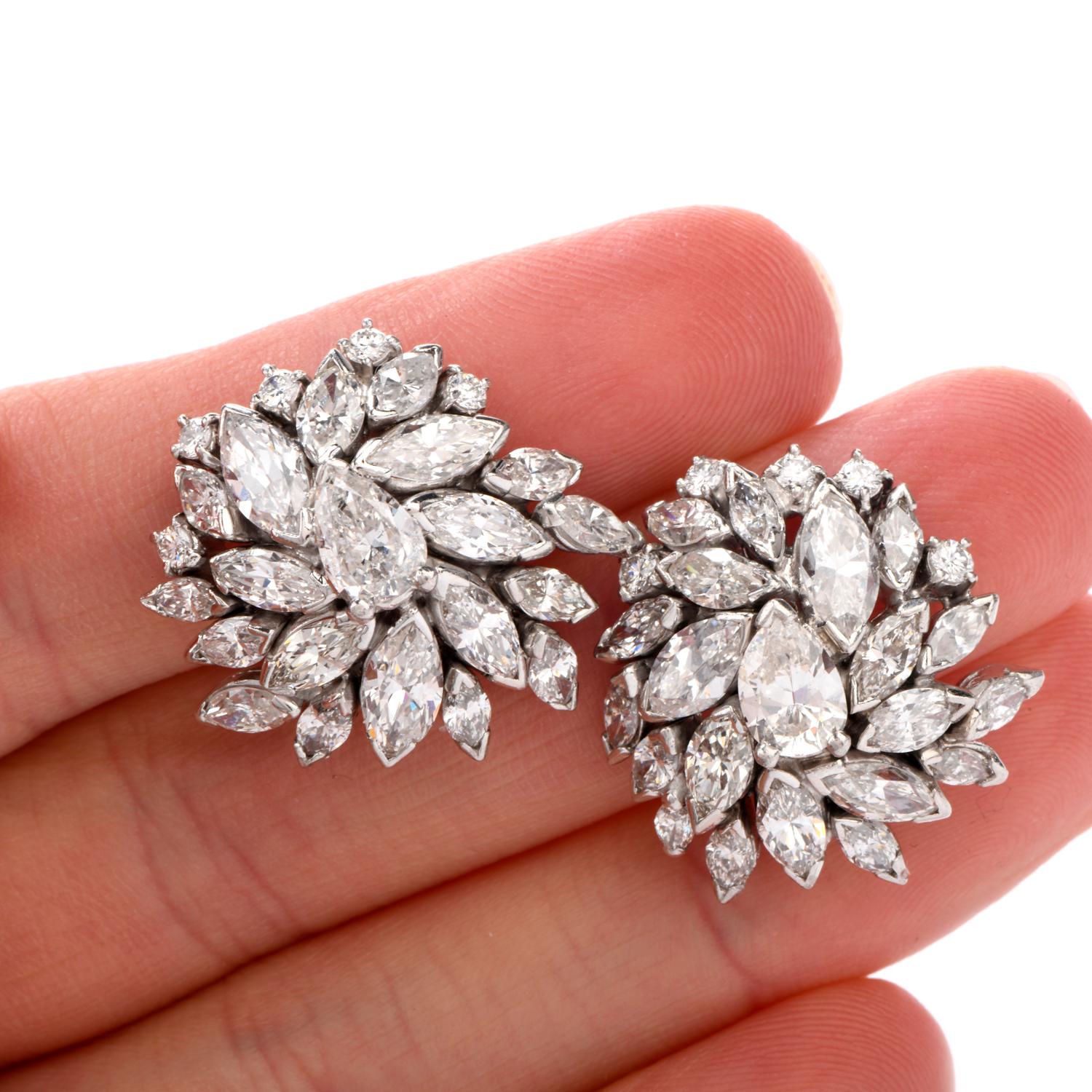 Women's Vintage Marquise Diamond Floral Motif Platinum Clip-On Earrings